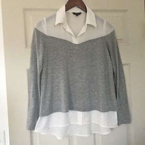 Susee gray ivory dual fabric long sleeve blouse S